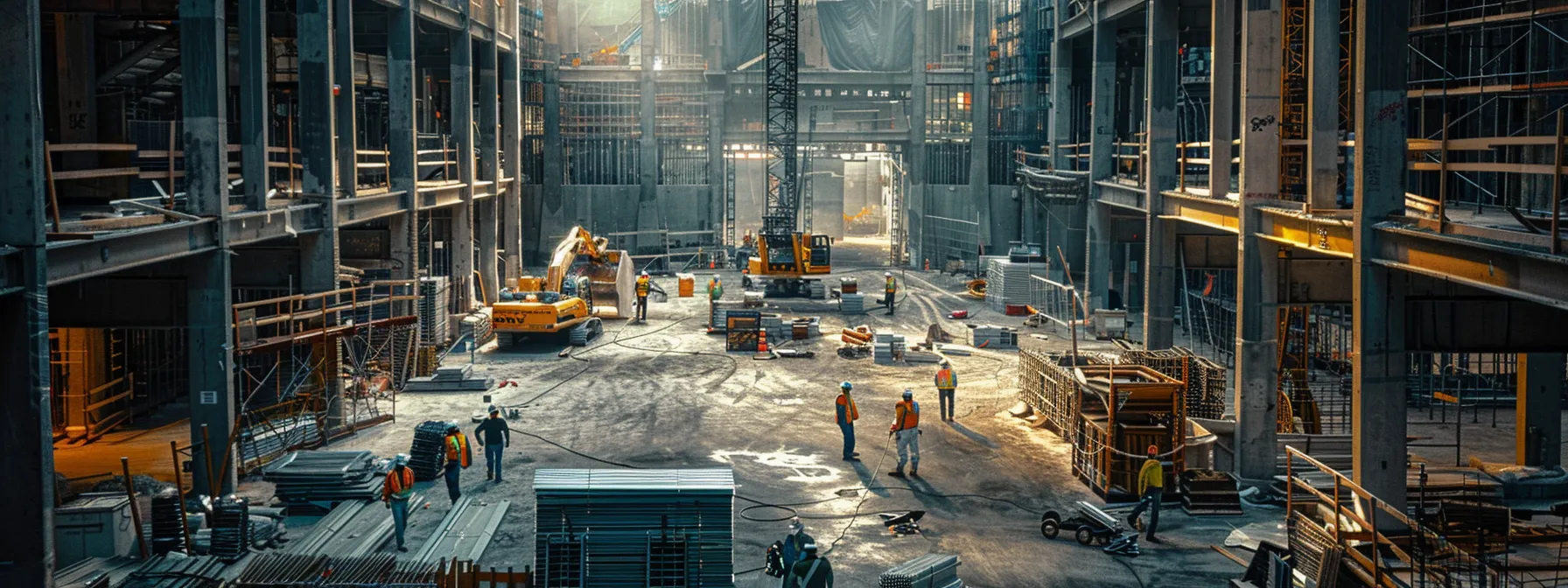 a bustling construction site with only a few workers, showcasing the stark reality of the current labor shortage in the trades.