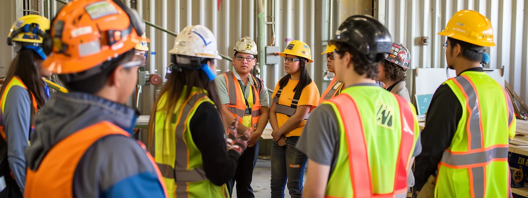 a diverse group of young professionals in modern workwear engaging in hands-on training at a state-of-the-art trade school.