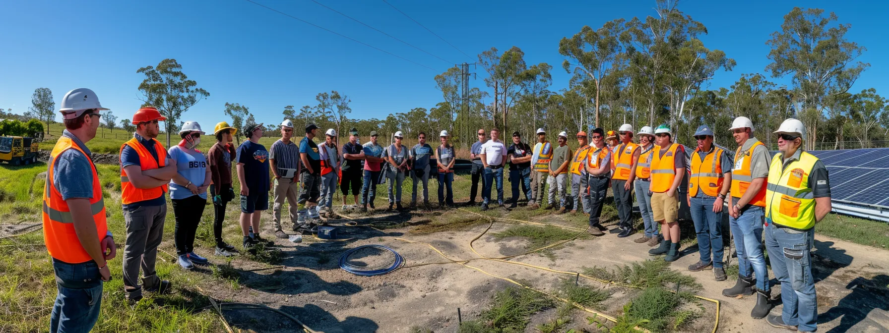 a group of skilled tradespeople wearing safety gear, gathered around a solar panel installation, discussing training opportunities and career growth within a vibrant queensland community.