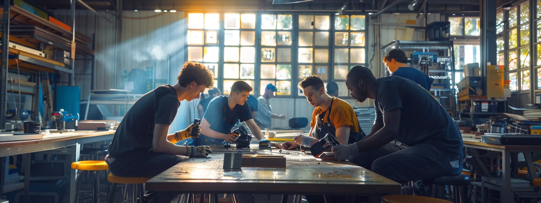 a group of diverse apprentices diligently honing their skills under the guidance of experienced mentors in a bustling workshop.